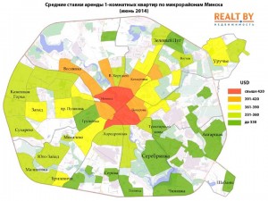 Average rent for 1-room apartment by neighborhood in Minsk, June 2014. Information provided by Realt.by real estate analytical portal