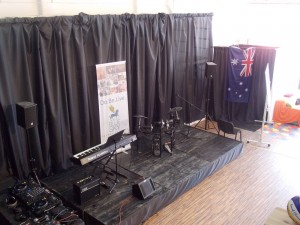 Australian flag decorating music stage at Dom Talanta. Photo by Ben M. Angel