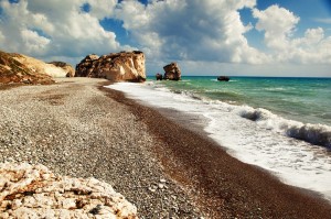 Petra tou Romiou ("Rock of the Greek"), where according to Hesiod's Theogony the goddess Aphrodite emerged from the sea. Photo by Nino Verde via Wikimedia Commons