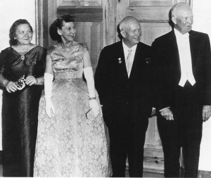 Nikita Khrushchev (second from the right) meeting with President Dwight Eisenhower (right) during his 1959 US visit. One focus of that visit was to learn about how US agriculture schools operate in order to improve Soviet agricultural schools, such as the one he started in Minsk. Photo via Wikimedia Commons