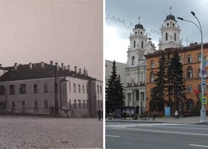 Then and now photos of the Catholic Cathedral of the Virgin Mary showing the original location of the Jesuit College clock tower.