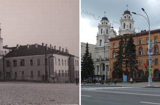 Then and now photos of the Catholic Cathedral of the Virgin Mary showing the original location of the Jesuit College clock tower.
