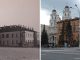 Then and now photos of the Catholic Cathedral of the Virgin Mary showing the original location of the Jesuit College clock tower.