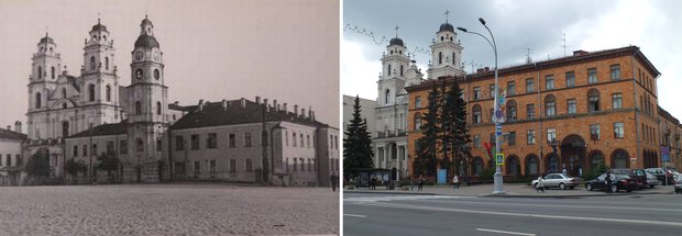 Then and now photos of the Catholic Cathedral of the Virgin Mary showing the original location of the Jesuit College clock tower.