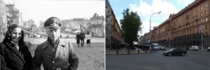 Corner of Lenin and Internationalnaya streets at the time of the Kube administration under the Nazis and today.