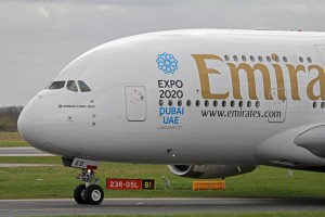 Expo 2020 bid by Dubai featured on Emirates Airways jet. Photo by Ken Fielding via Wikimedia Commons