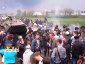 Protesters blocked Ukrainian army unit in April near Sloviansk near start of rebellion. Photo by Ukrainian Television and Radio via Wikimedia Commons